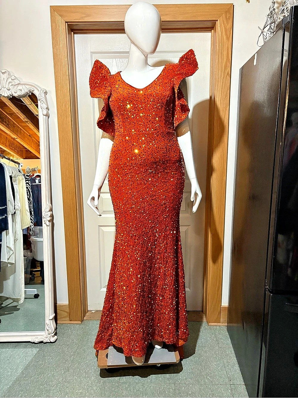 Faeresty Sequined Ruffle Sleeve Maxi Dress in Orange Like New
